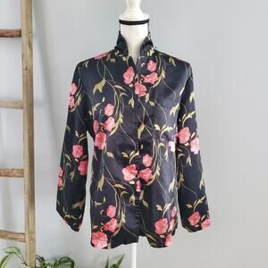 August Silk Intimates Black Floral Button Down Top M